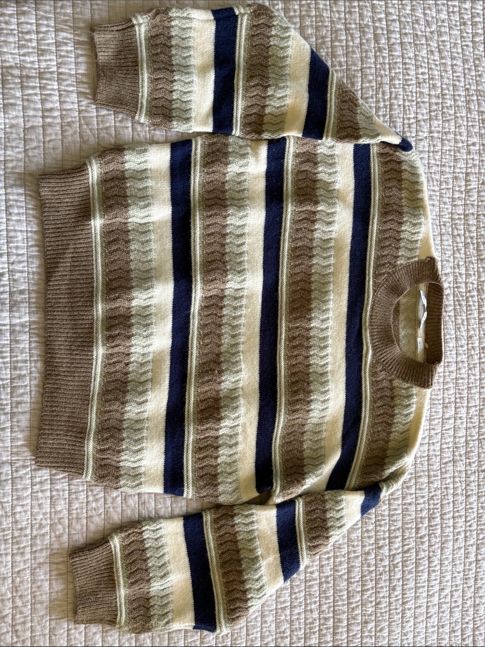 Baltic Born Striped Crewneck Sweater in Navy, Brown & Cream